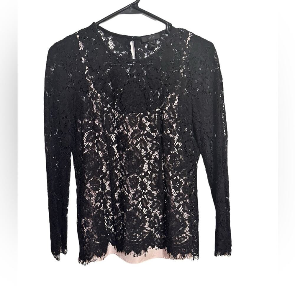 J. Crew Long Sleeve Black Lace Blouse Beige Camisole Size 0